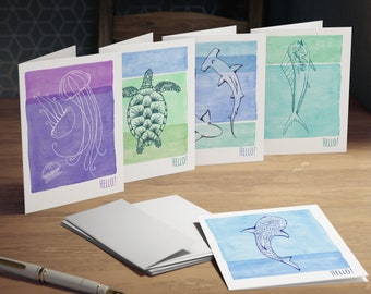 Hello! Ocean Creatures Watercolor Greeting Card Set
