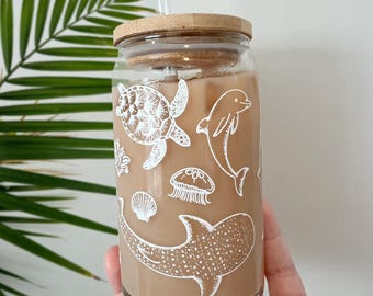 White Sea Life Glass Can Sipper
