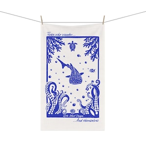 Sea Life Tea Towel, Underwater Characters Kitchen Decor, Ocean Lover Gift, Marine Science Major, Soft Cotton Towel, Hand Drawn