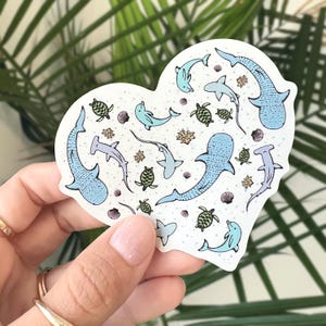 Sea Life Heart Vinyl Decal Sticker, Ocean Animal Stickers, Valentine&#39;s Day, Hand Drawn Whale Shark Turtle Dolphin, Cute Underwater
