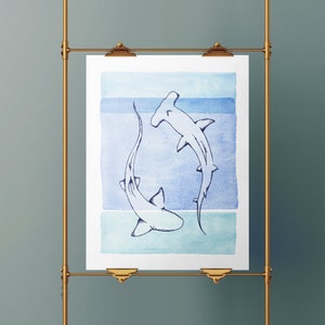 Tiburones, carteles verticales mate, tiburón martillo y tiburón nodriza, decoración costera, regalo para amantes de los tiburones, varios tamaños, arte dibujado a mano, acuarela