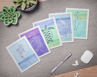 Ocean Creatures Watercolor Greeting Card Set
