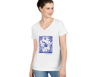 Hand Drawn Art Ocean-Themed Ladies V-Neck T-Shirt