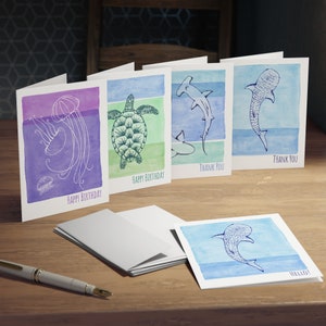 Juego de 5 tarjetas de felicitación con diseño de criaturas del océano (2 de feliz cumpleaños, 2 de agradecimiento y 1 de hola), tarjeta de regalo para amantes del océano, arte dibujado a mano