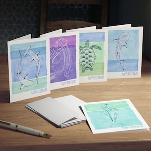 Alles Gute zum Geburtstag Meereskreaturen Aquarell Grußkarten Set | Innen leer | Hand gezeichnetes Design | Multi-Design Grußkarten (5er-Pack)