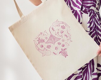 Pink Sea Life Heart Tote Bag
