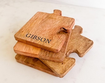 Engraved Wooden Puzzle Coasters | Custom Wooden Coasters Set | Unique Drink Coasters | Personalized Puzzle Coasters Gift