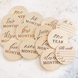 Baby Monthly Milestone Discs | Wooden Baby Month Markers | 1 Month to 1 Year | Milestone Marker Wood Discs for Baby Photos