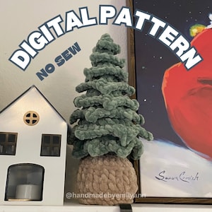 May include: A green and brown crocheted Christmas tree ornament with the text "DIGITAL PATTERN NO SEW" and "@handmadebyemilyann".