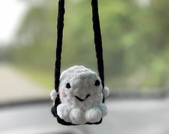 Crochet Ghost Car Charm, Halloween Rearview Mirror Hanging
