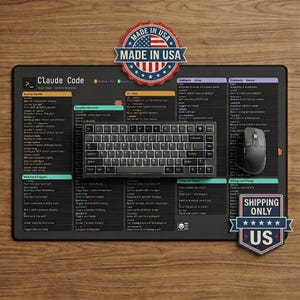May include: A black desk mat featuring a Claude Code cheat sheet with white text, a centered mechanical keyboard with black keys, and a black computer mouse. A circular red, white, and blue Made in USA badge is positioned at the top center.
