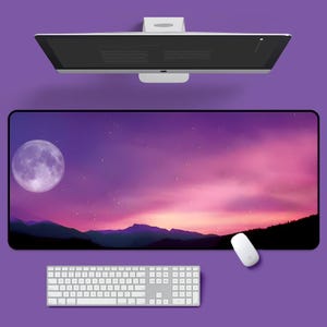 Purple Moon Desk Mat |  | Kawaii violet universe XXL gaming mouse pad | Cute Desk Decor Office Gifts | Nature-Inspired Gaming Desk Mat