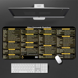 Op de afbeelding: Een zwarte en gele muismat met een pinguïnlogo, waarop een cheat sheet met Linux-opdrachten staat. De muismat bevat een verscheidenheid aan opdrachten die zijn georganiseerd in categorieën zoals basisopdrachten, directorynavigatie, geschiedenis, procesbeheer, schijfbeheer, bestandsmachtigingen, bestandsweergave, tekstafdrukken, bestandszoeken, compressie/archivering, gebruikers-/groepbeheer, toegangscontrolelijsten en bestandsoverdracht.