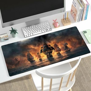 Piratenschiff Gefecht Schreibtischmatte: Vintage Maritimes Gaming Mauspad