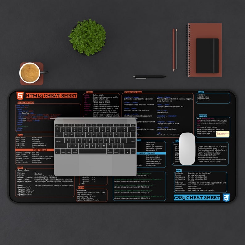 HTML5 and CSS3 Cheat Sheet Desk Mat Home Office Decor Gift Coworker ...