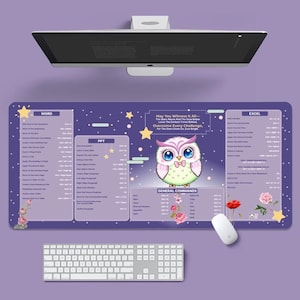 Kawaii Owl Purple Dream, Word, Excel Shortcuts , PowerPoint Shortcuts Cheat Sheet for Win & Mac, Cute Desk Mat Accessory, Shortcut Desk mat