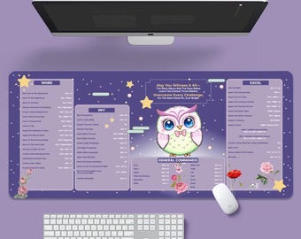 Kawaii Owl Desk Mat: Office Shortcut Cheat Sheet for Win & Mac