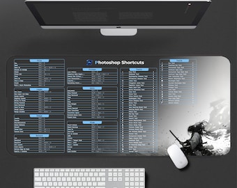 May include: A black and white desk mat with a graphic of a person holding a sword. The mat features a blue and white chart with Photoshop keyboard shortcuts for File, Layer, Image, Select, Filter, Edit, View, and Tools.