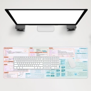 May include: A light blue and pink desk mat with a white keyboard and mouse. The mat features a variety of HTML and CSS code snippets, including file structure, tags, text format, form, selectors, pseudo classes, images, tables, links, border, font, and button.