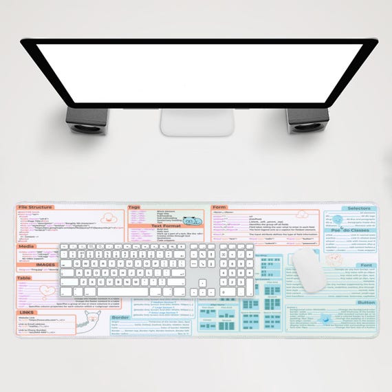 Kawaii HTML5 and CSS3 Cheat Sheet Desk Mat | Cute Deskmat  | Home Office Decor| Cute Gift Coworker | Quick Key, Large Anti-Slip Keyboard Pad