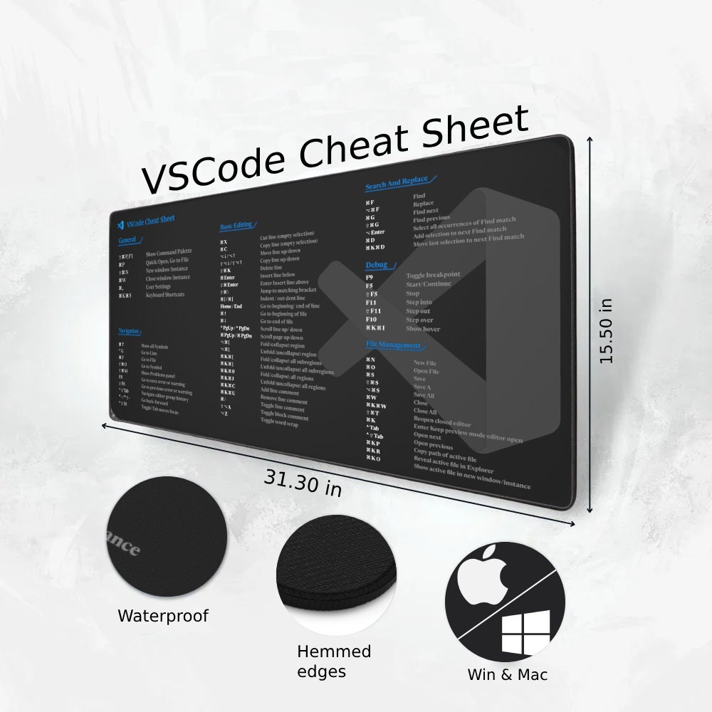 Vscode cheat sheet for win mac desk mat home office decor gift