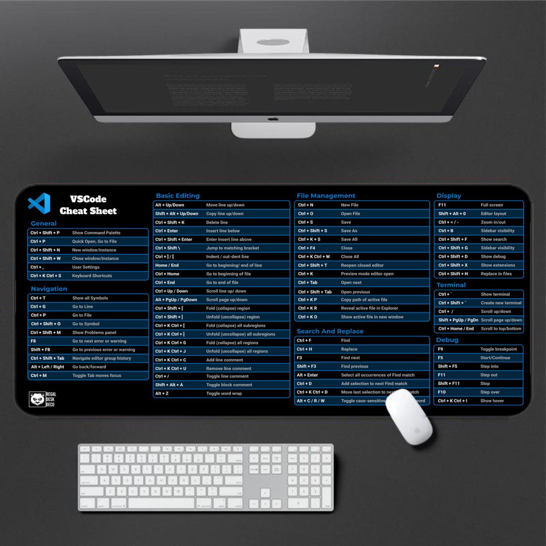 Vscode cheat sheet for win mac desk mat home office decor gift