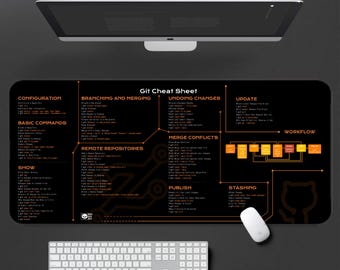 May include: A black and orange Git Cheat Sheet desk mat with a diagram of Git commands and workflows. The mat features a cat icon and the text "Git Cheat Sheet".