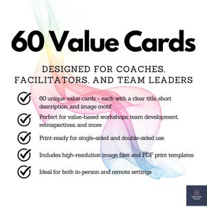Könnte beinhalten: Grafik mit der Aufschrift "60 Value Cards" und "Designed for Coaches, Facilitators, and Team Leaders". Das Bild enthält eine Liste von Funktionen, wie z. B. einzigartige Wertkarten, druckfertige Dateien und hochauflösende Bilder.