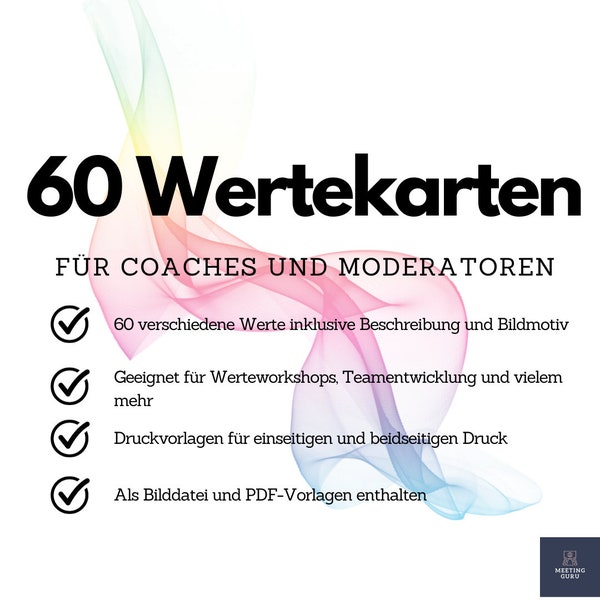 60 Wertekarten inklusive Motiv und Beschreibung für Werteworkshops und Teamentwicklung - verschiedene Druckvorlagen