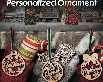 Personalized Wood Christmas Ornament: Laser Cut Name Bauble