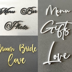 Plaques de mariage découpées au laser, cursive moderne découpée ; Mots cursifs fantaisie, noms à découper en acrylique, inscriptions élégantes de mariage découpées au laser