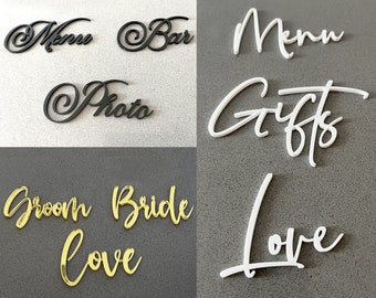 Wedding Signs Laser-Cuts, Cut-Out Modern Cursive; Fancy Cursive Cut Out Words, Cut-Our Acrylic Names, Elegant Wedding Signs Laser-Cuts
