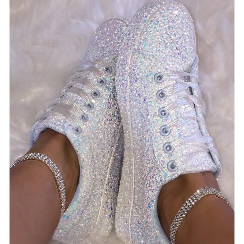 Women's Glitter Tennis Sneakers Neon Dressy Sparkly Sneakers Rhinestone  Bling Wedding Bridal Shoes Shiny Sequin Shoes 