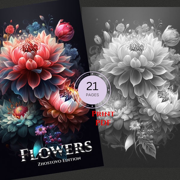 Coloring book adult greyscale, Flowers Zhostovo edition, download print pdf