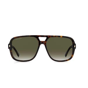 May include: Tortoiseshell-patterned sunglasses with a double bridge and dark green lenses. The sunglasses have a square shape with a rounded bottom and a thick frame. The brand name is visible on the top of the frame.