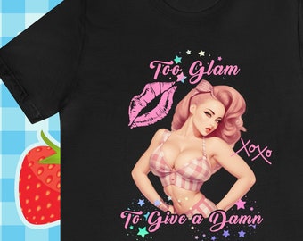 Vintage Pink Retro Girl "Too Glam To Give a D*mn" on a Bella+Canva 3001 Unisex Jersey T-Shirt - A Must-Have Gift for her