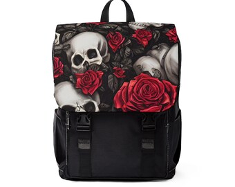 Hyper Realistic Skulls and Red Roses by artist Anne-Laure Goupil Unisex Casual Shoulder Backpack