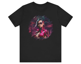 May include: Black t-shirt with a graphic of a woman in a red and pink outfit with sunglasses standing in front of a city skyline.