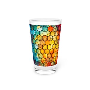 Vaso de pinta de vitral con diseño de panal: obra de arte azul y amarillo (16 oz)