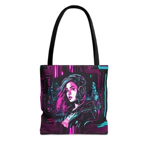 Cyberpunk Neon Lights Tote Bag - AOP Design with Striking Cyberpunk Girl