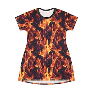 Flames Unleashed: Realistic All Over Print T-Shirt Dress (AOP) Bold and Fiery Women&#39;s Fashion