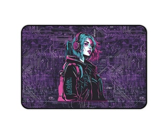 May include: A digital art illustration of a woman with pink and blue hair wearing headphones and a black leather jacket. The background is a purple and black circuit board pattern.