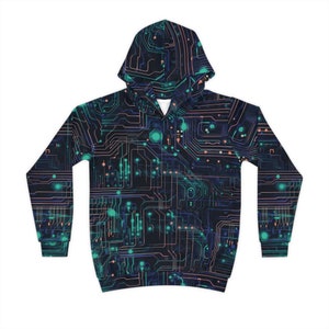 May include: A black hoodie with a green and blue circuit board pattern. The hoodie has a drawstring hood and long sleeves.