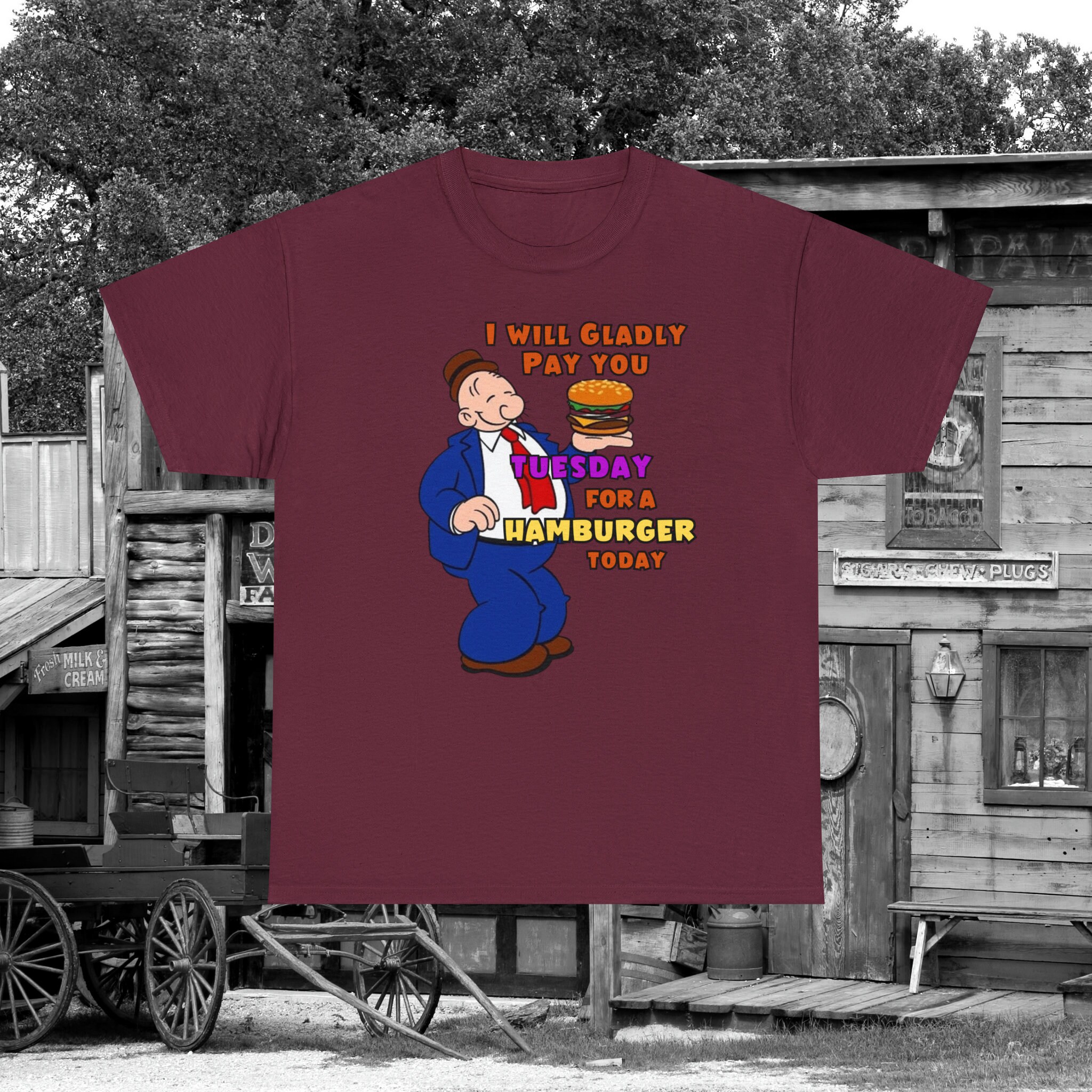 ウィンピーのハンバーガー名言Tシャツ：ポパイの漫画、ギルダン5000 