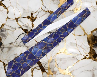Blue Mosaic Pattern Necktie | Gold Vein Geometric Marble Design