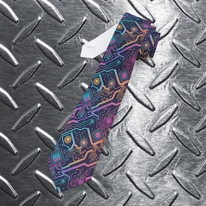 May include: A necktie with a vibrant circuit board design in shades of purple, blue, orange, and yellow. The tie features a white label and is set against a textured, metallic background. This tech-inspired accessory is suitable for formal or casual wear.