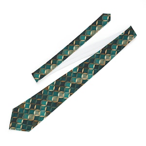 May include: A green and gold patterned tie with a geometric design. The tie is made of a silky fabric and has a white lining.