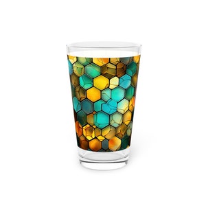 Vaso de pinta con diseño de panal: obra de arte azul y amarillo (16 oz)