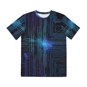 May include: A short-sleeve crew neck t-shirt featuring an all-over digital print of a black background with glowing blue and purple circuit board lines and data pathways that create a complex, interconnected electronic pattern across the fabric.