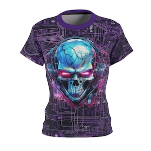 CyberPunk Cybernetic Skull breaking through a Purple Neon Circuit Board Women&#39;s Cut & Sew Tee (AOP)